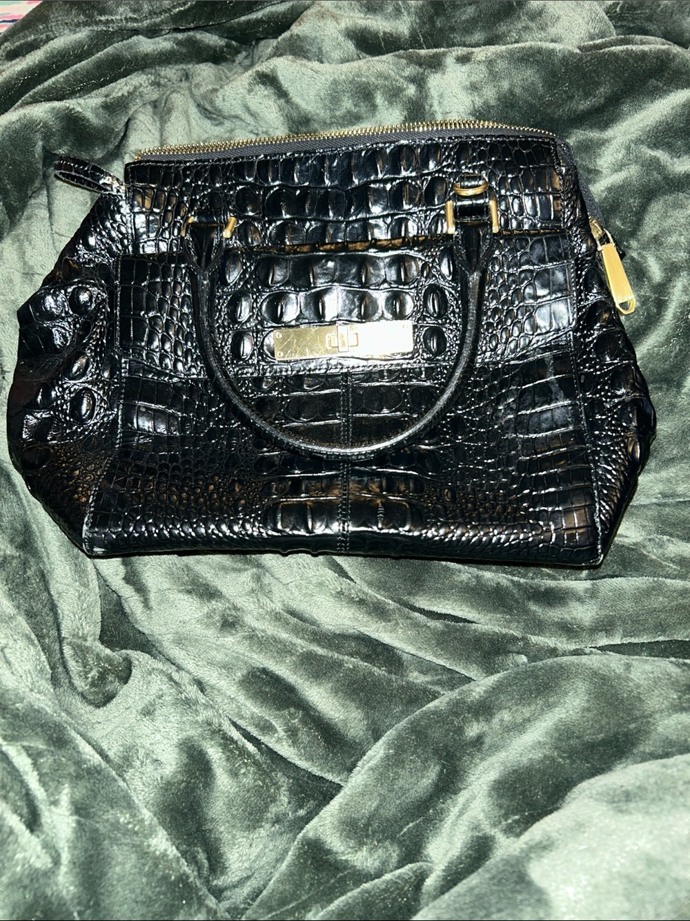 Brahmin Black Croc-Embossed Satchel with Gold Hardware